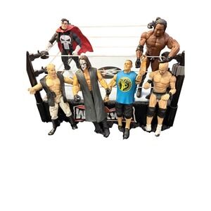 WWE Wrekkin Ring & 6 Action Figure Lot John Cena Sting Booker T Punisher Custom